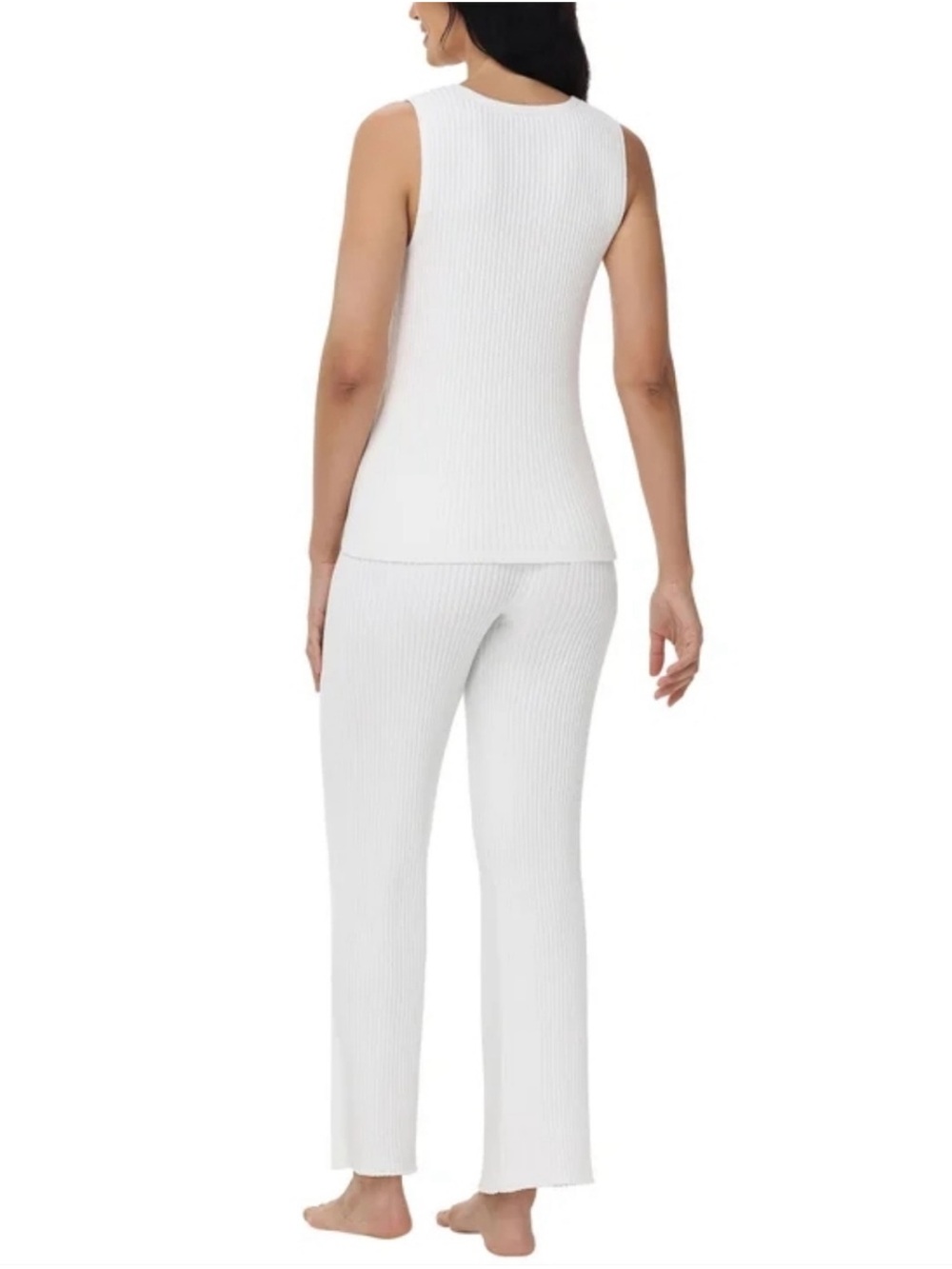 Off White Ribbed Knit Tank, Pants & Long Cardigan Loungewear Set - Picture 5 of 11